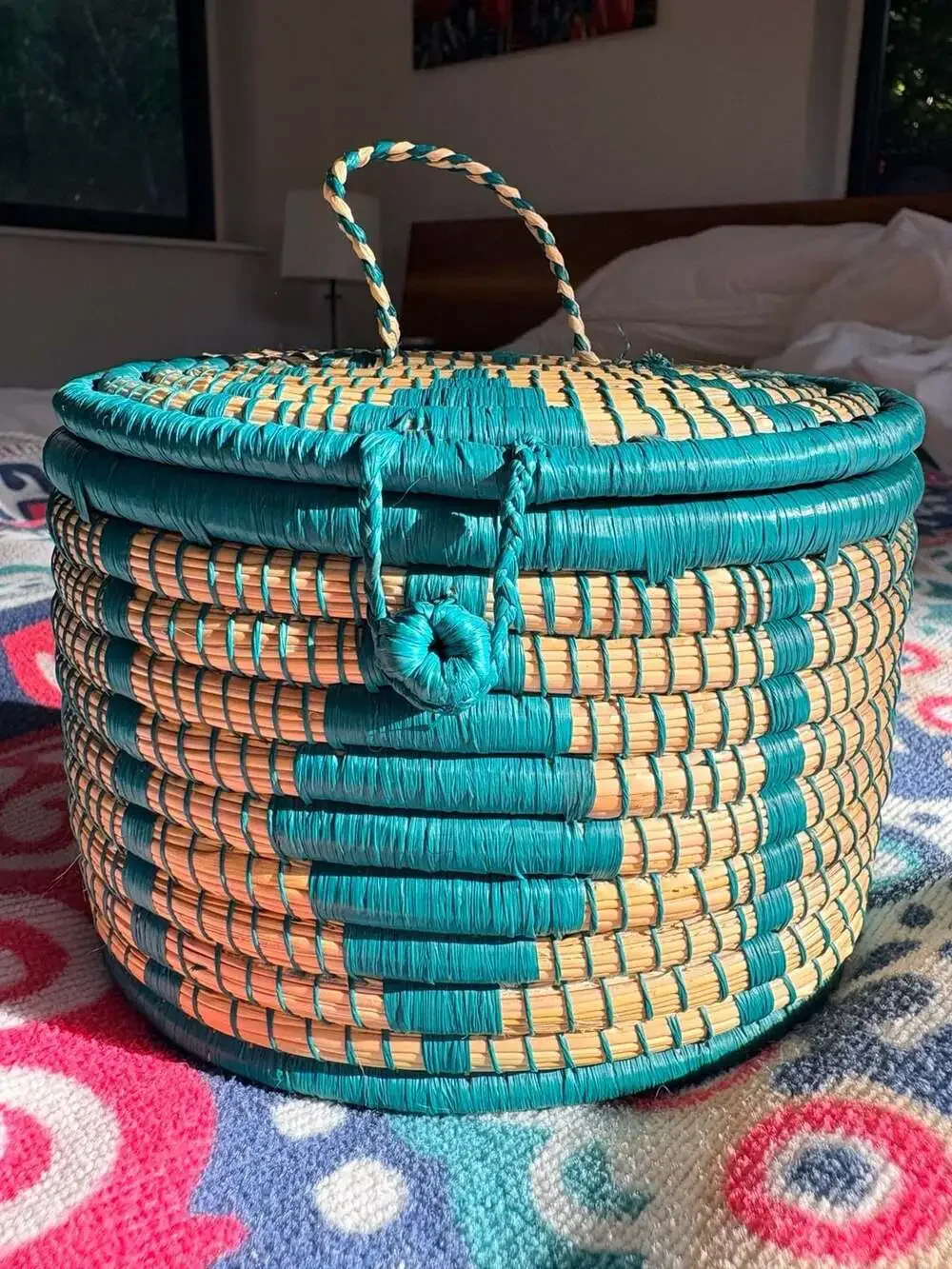 Handwoven Maya Teal and Natural Pine Needle Geometric Basket with Lid